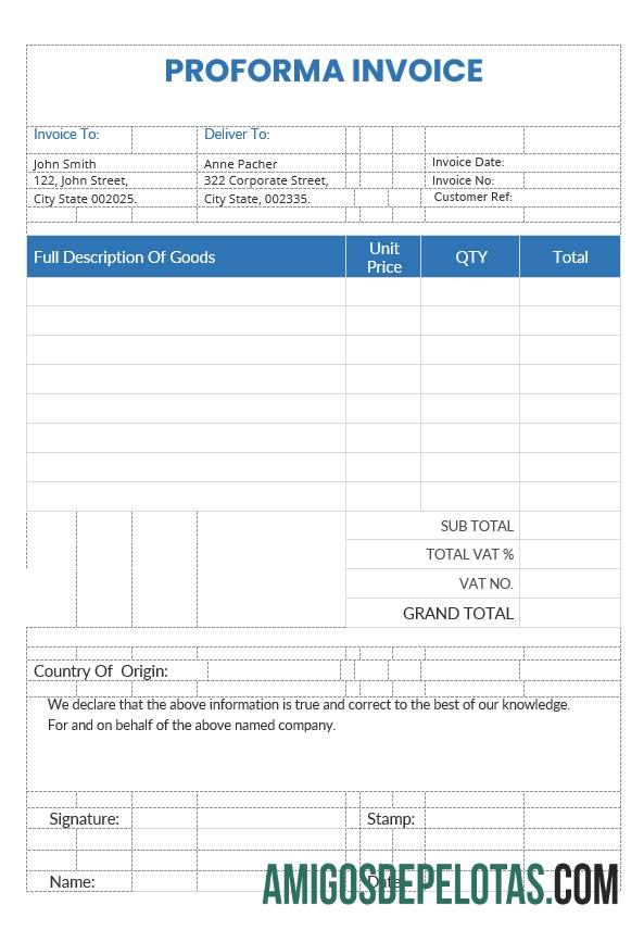 em branco Exemplo de modelo de fatura pró-forma